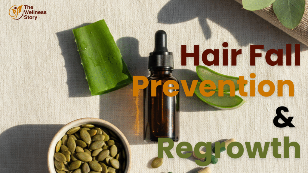 Flat-lay image of natural hair growth ingredients like rosemary oil, aloe vera, pumpkin seeds, and vitamins for hair loss prevention.